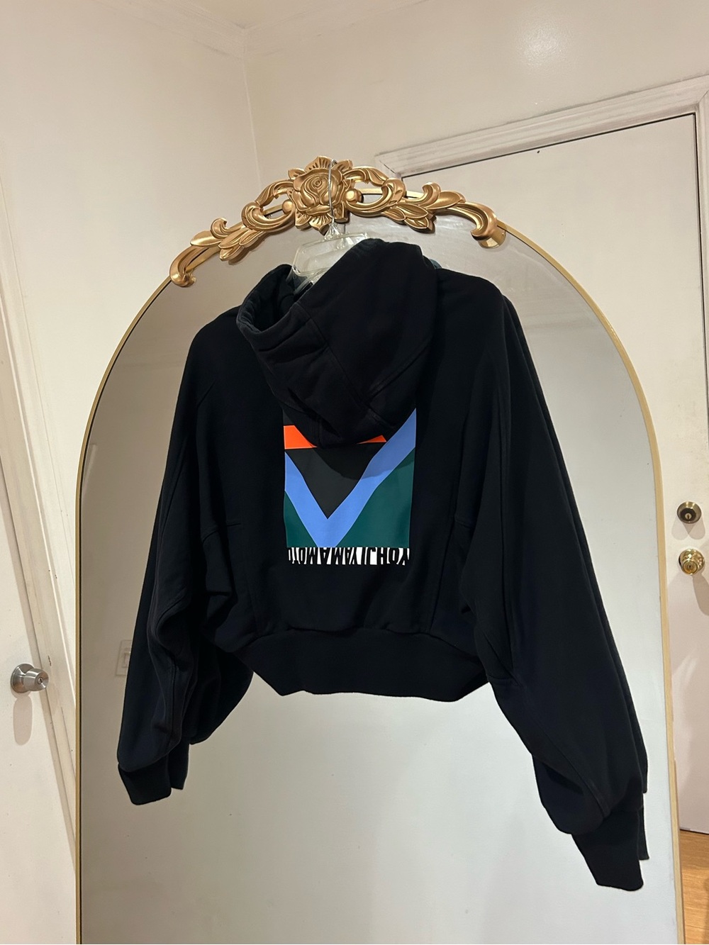 Y-3 Yohji Yamamoto Adidas Women Black Crop Pullover Logo Print Hoodie, Size S